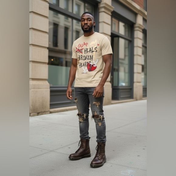 DEIARI Oversized Graphic T-Shirt Beige “GUAP Heals Broken Hearts” Cupid Print - Picture 1 of 9